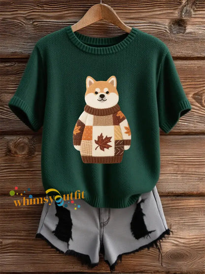 Women’s Autumn Dog Art Print O Neck Short Sleeve T shirt Dark Green / S
