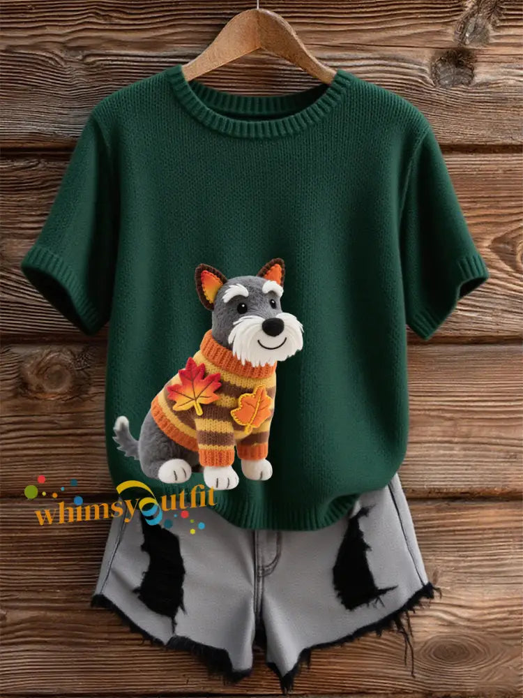 Women’s Autumn Dog Art Print O Neck Short Sleeve T shirt Dark Green / S