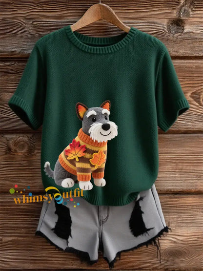 Women’s Autumn Dog Art Print O Neck Short Sleeve T shirt Dark Green / S