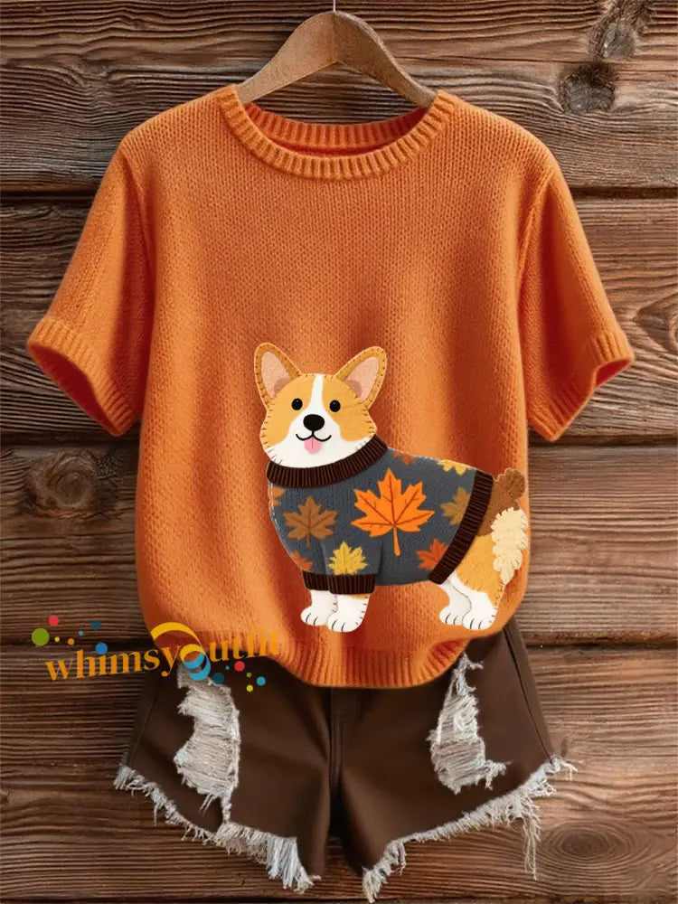 Women’s Autumn Dog Art Print O Neck Short Sleeve T shirt Orange / S