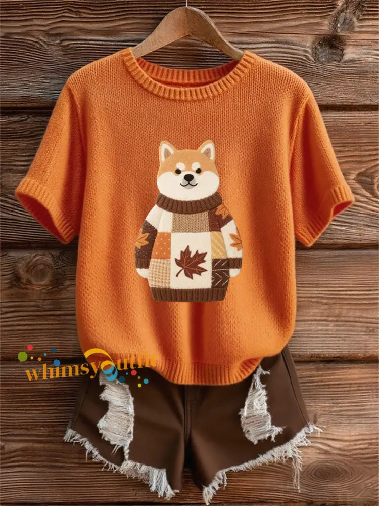 Women’s Autumn Dog Art Print O Neck Short Sleeve T shirt Orange / S
