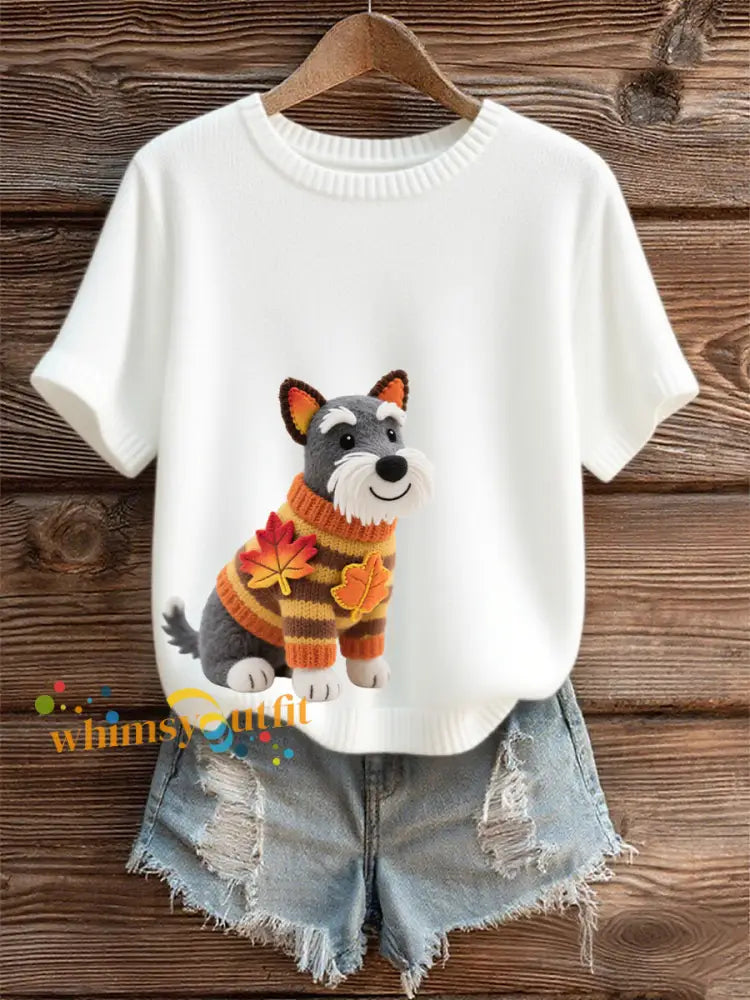 Women’s Autumn Dog Art Print O Neck Short Sleeve T shirt Orange / S
