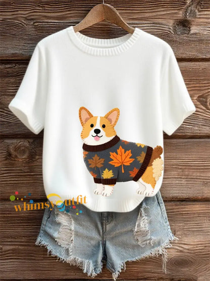 Women’s Autumn Dog Art Print O Neck Short Sleeve T shirt White / S