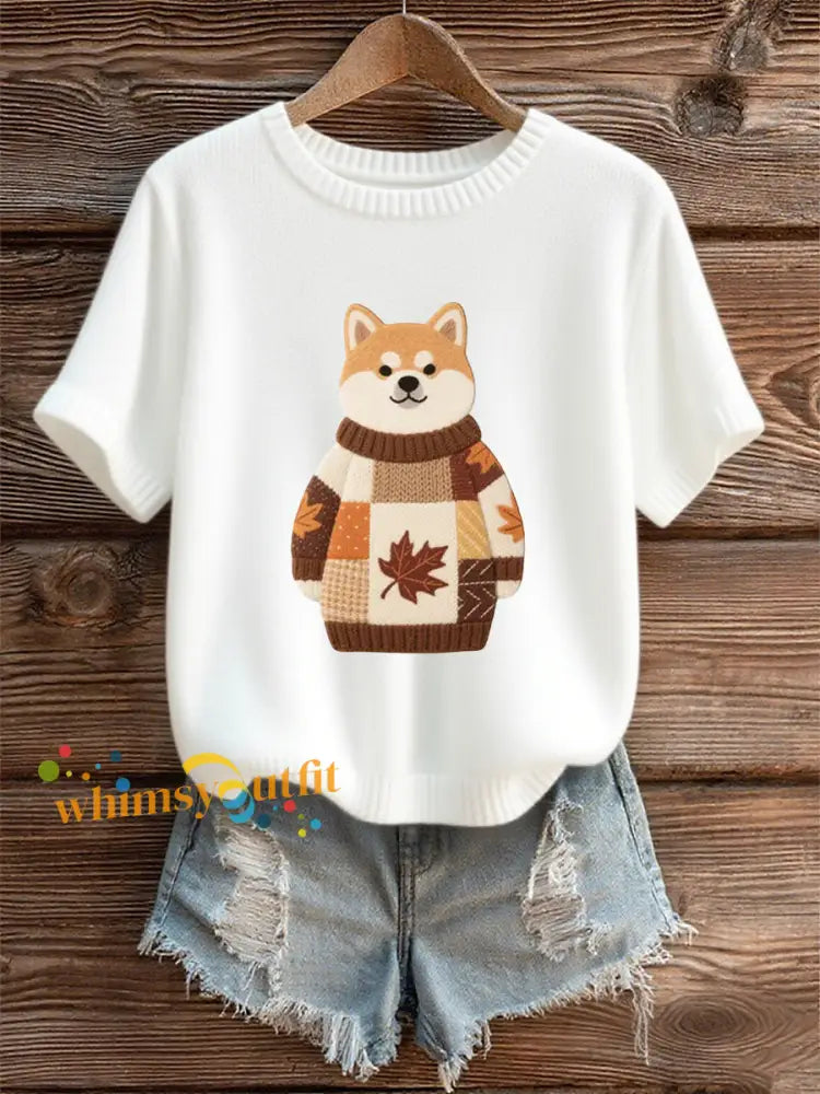Women’s Autumn Dog Art Print O Neck Short Sleeve T shirt White / S