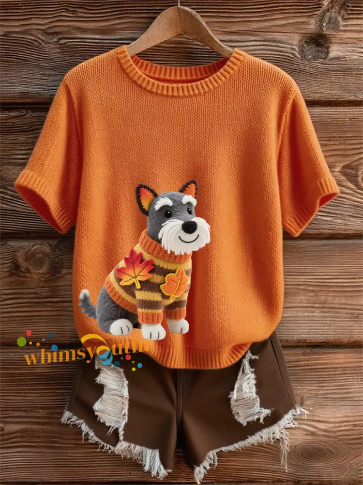 Women’s Autumn Dog Art Print O Neck Short Sleeve T shirt White / S