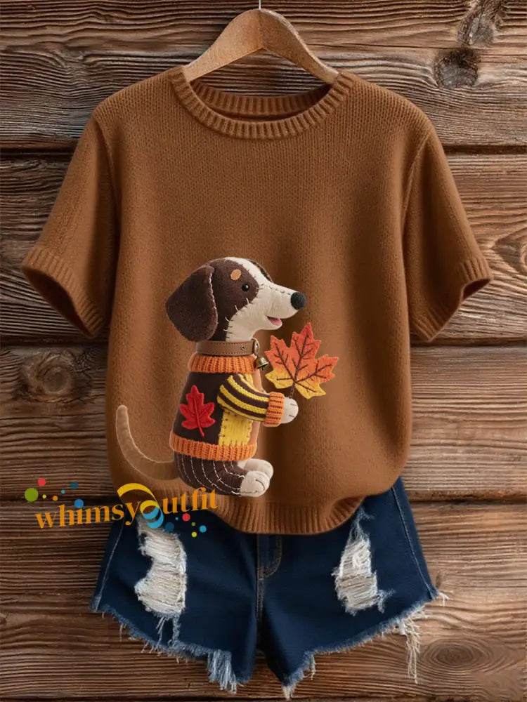 Women’s Autumn Dog Art Print Short SleeveT shirt Brown / S