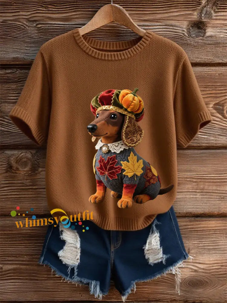 Women’s Autumn Dog Art Print Short SleeveT shirt Brown / S