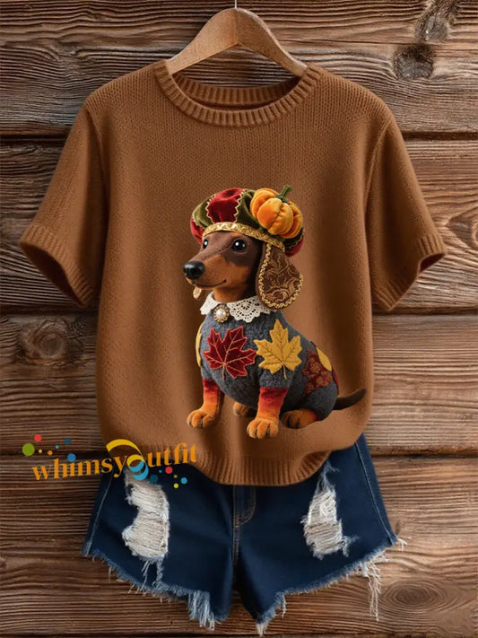Women’s Autumn Dog Art Print Short SleeveT shirt Brown / S