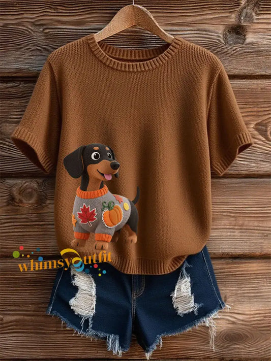 Women’s Autumn Dog Art Print Short SleeveT shirt Brown / S