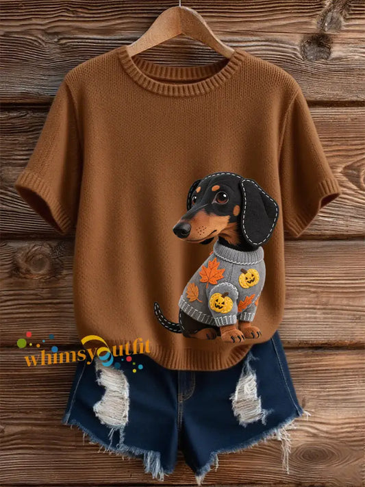 Women’s Autumn Dog Art Print Short SleeveT shirt Brown / S