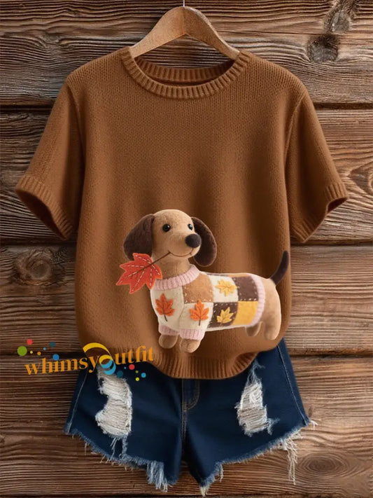 Women’s Autumn Dog Art Print Short SleeveT shirt Brown / S