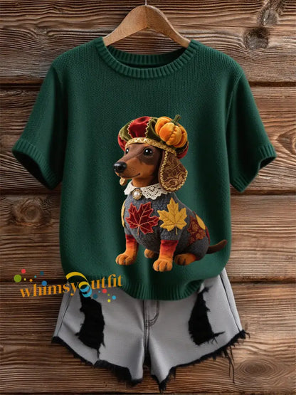 Women’s Autumn Dog Art Print Short SleeveT shirt Dark Green / S
