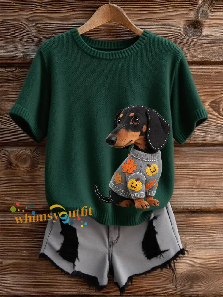 Women’s Autumn Dog Art Print Short SleeveT shirt Dark Green / S