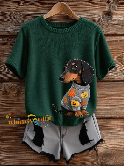 Women’s Autumn Dog Art Print Short SleeveT shirt Dark Green / S
