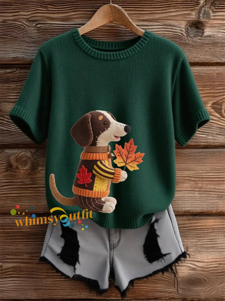 Women’s Autumn Dog Art Print Short SleeveT shirt Dark Green / S