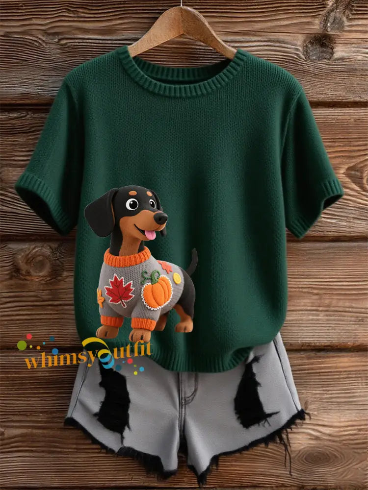 Women’s Autumn Dog Art Print Short SleeveT shirt Dark Green / S