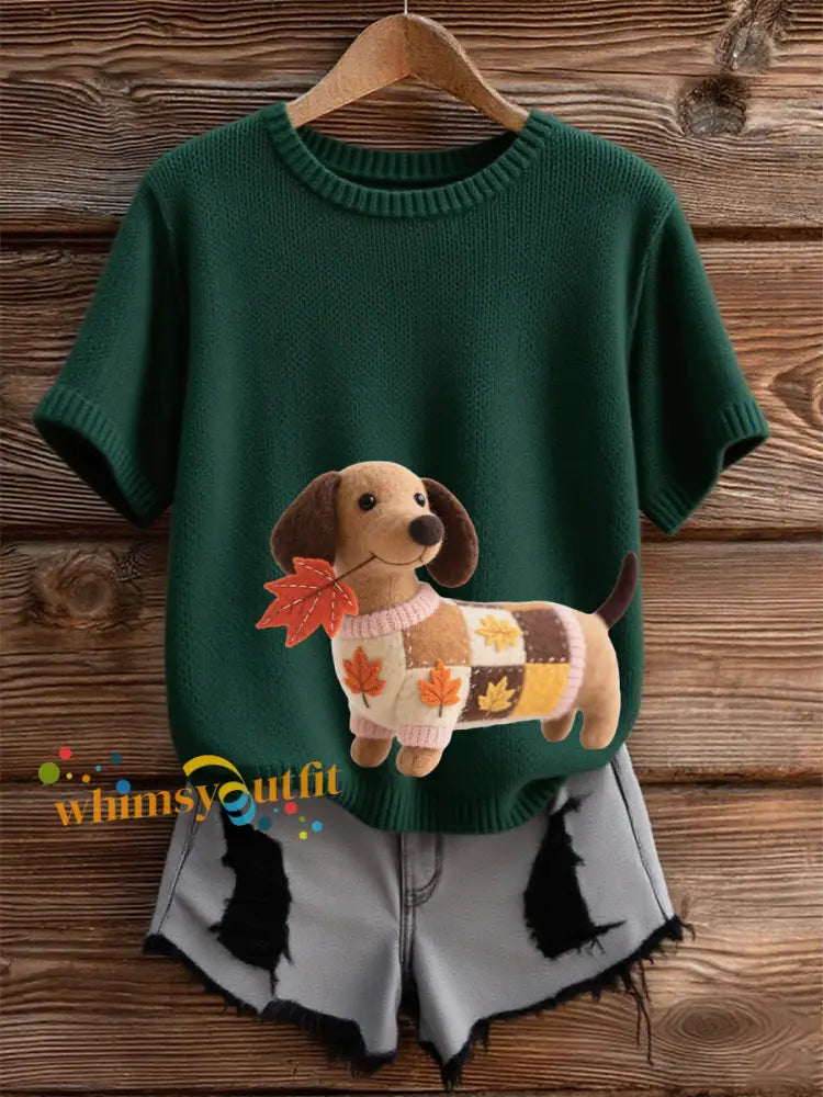 Women’s Autumn Dog Art Print Short SleeveT shirt Dark Green / S