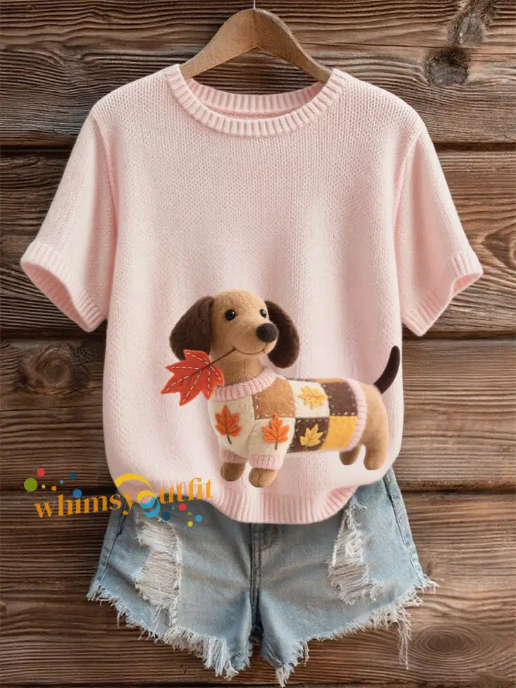 Women’s Autumn Dog Art Print Short SleeveT shirt Macaron Pink / S