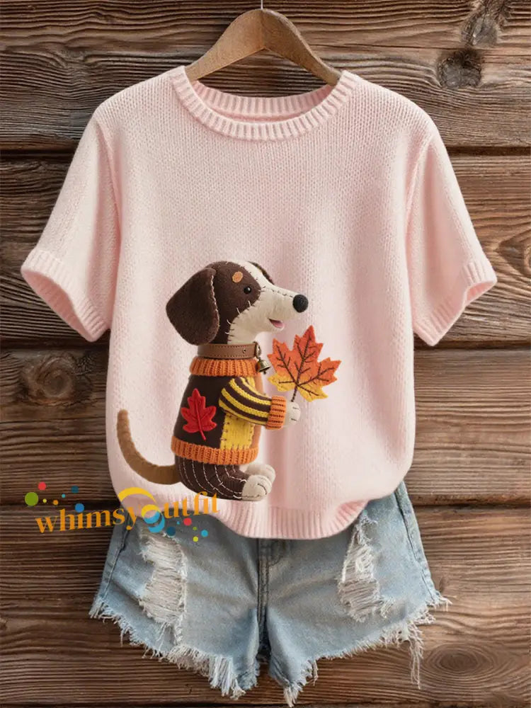 Women’s Autumn Dog Art Print Short SleeveT shirt Macaron Pink / S