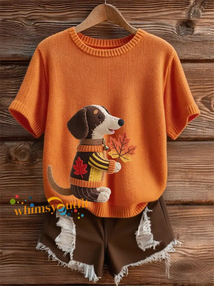 Women’s Autumn Dog Art Print Short SleeveT shirt Orange / S