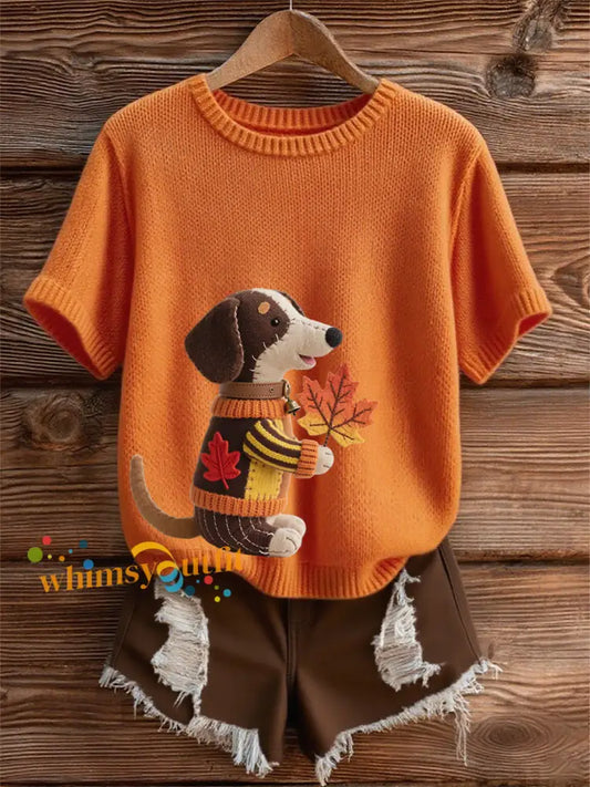 Women’s Autumn Dog Art Print Short SleeveT shirt Orange / S