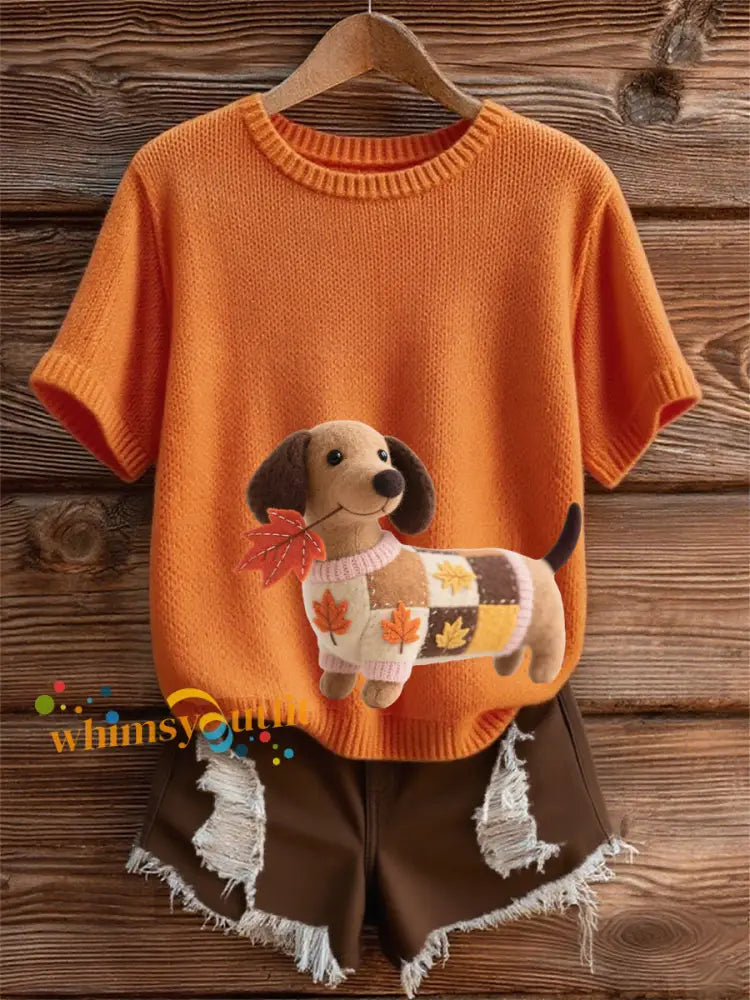 Women’s Autumn Dog Art Print Short SleeveT shirt Orange / S