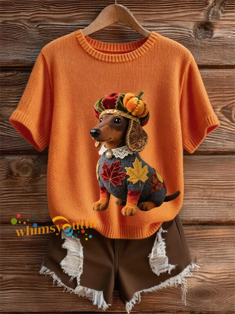 Women’s Autumn Dog Art Print Short SleeveT shirt Orange / S