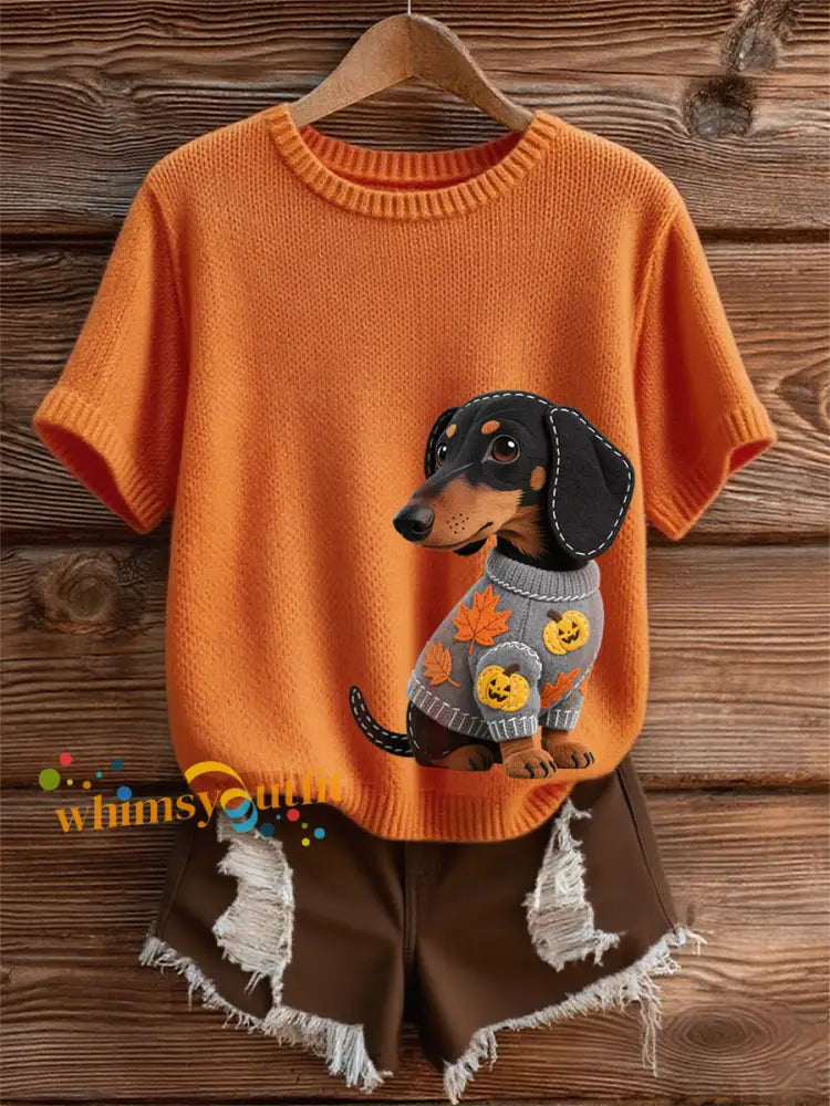 Women’s Autumn Dog Art Print Short SleeveT shirt Orange / S