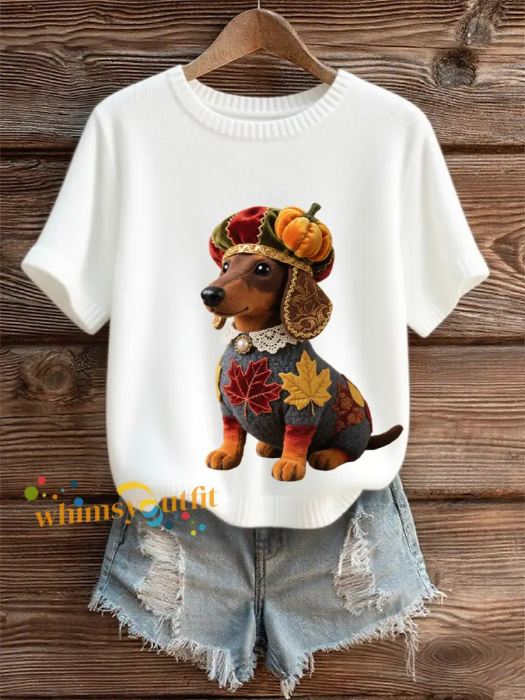 Women’s Autumn Dog Art Print Short SleeveT shirt White / S