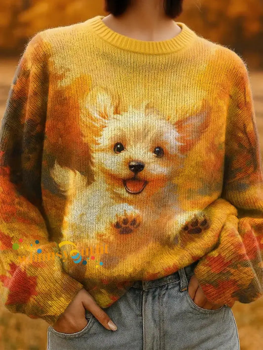 Women’s Autumn Dog Art Print Sweatshirt As picture / S