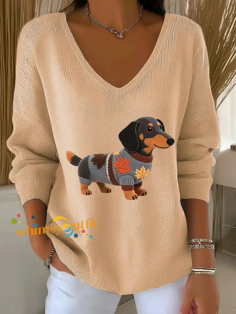 Women’s Autumn Dog Art Print V Neck Ribbed Top Apricot / S