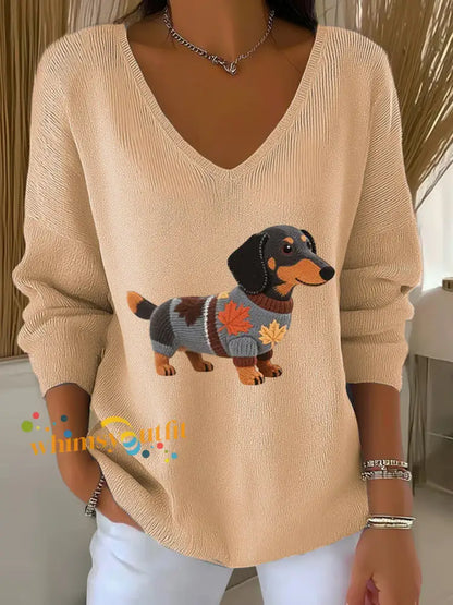 Women’s Autumn Dog Art Print V Neck Ribbed Top Apricot / S