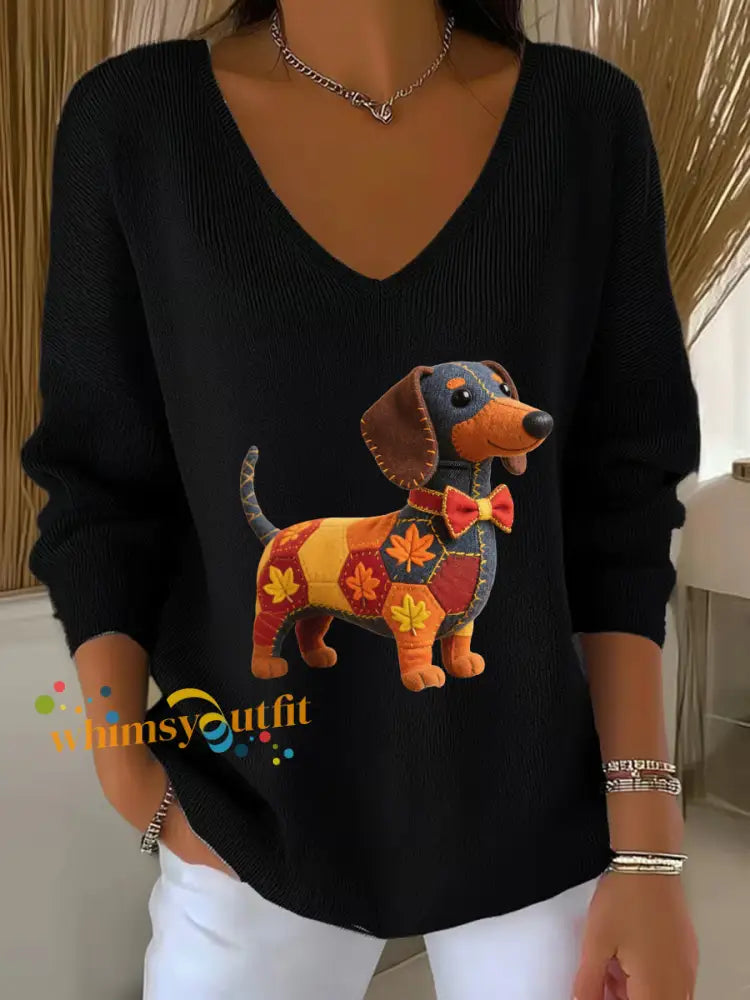 Women’s Autumn Dog Art Print V Neck Ribbed Top Black / S