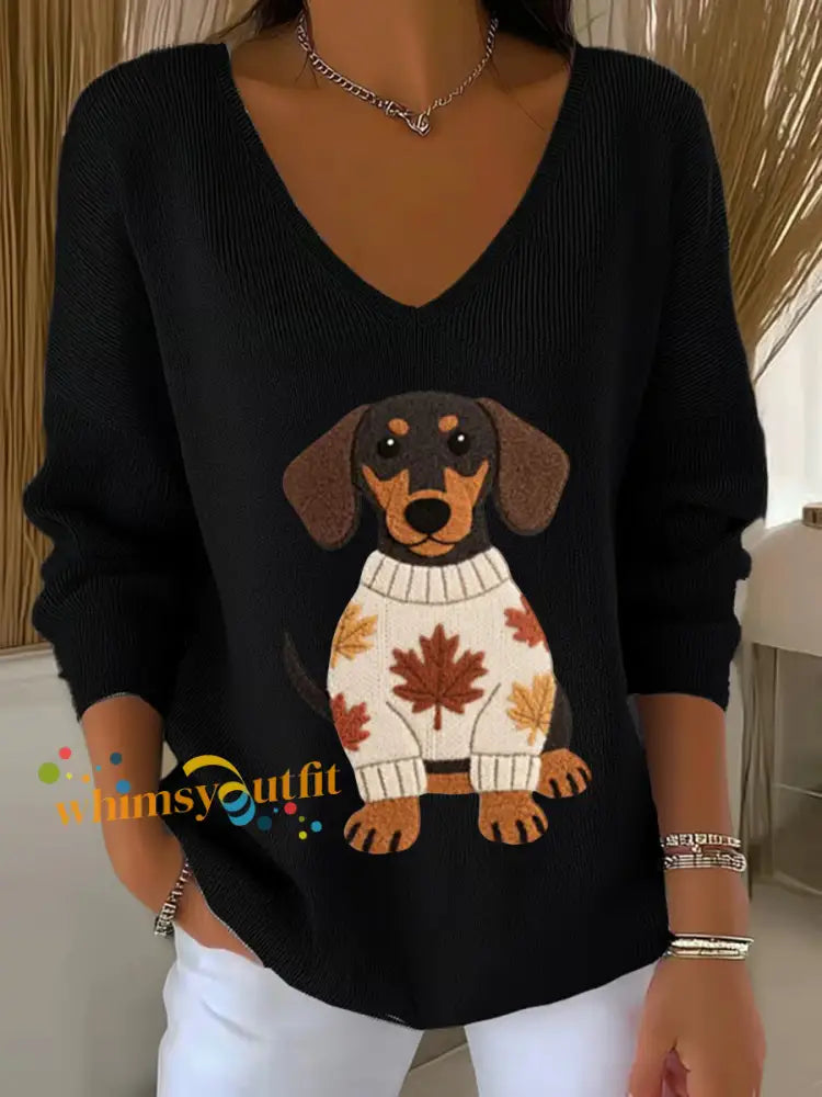 Women’s Autumn Dog Art Print V Neck Ribbed Top Black / S