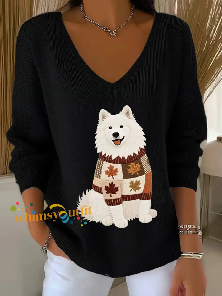 Women’s Autumn Dog Art Print V Neck Ribbed Top Black / S
