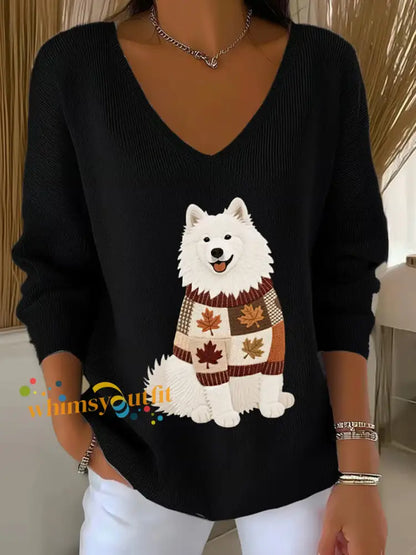 Women’s Autumn Dog Art Print V Neck Ribbed Top Black / S