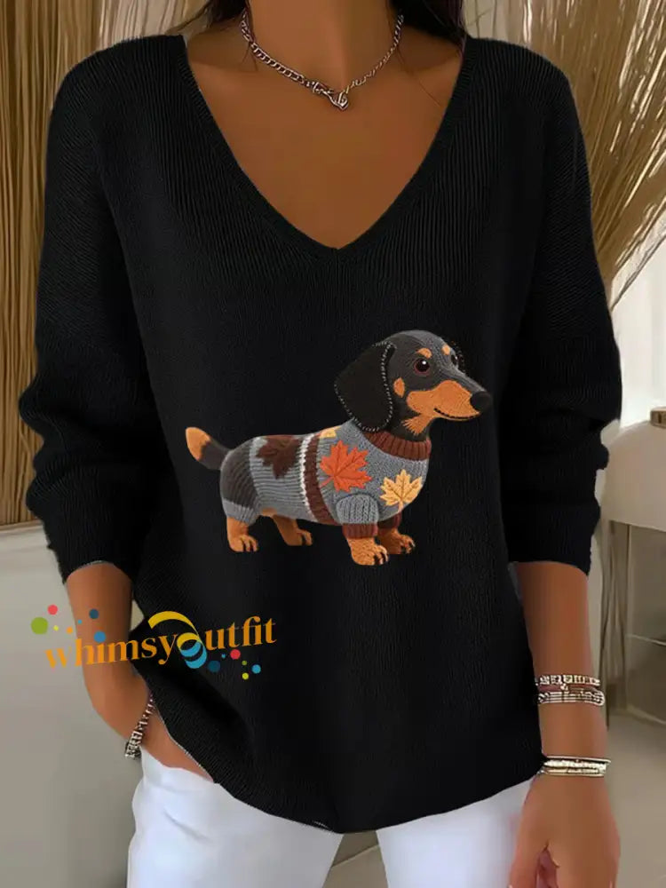 Women’s Autumn Dog Art Print V Neck Ribbed Top Black / S