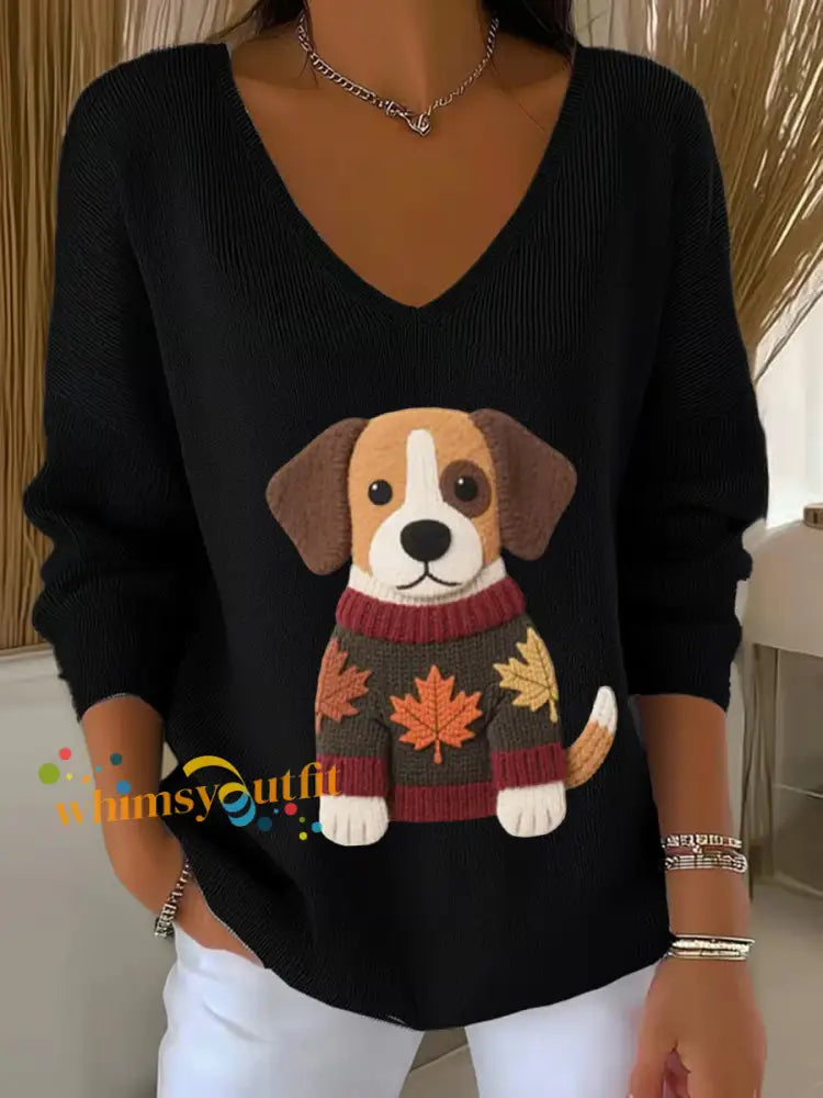 Women’s Autumn Dog Art Print V Neck Ribbed Top Black / S