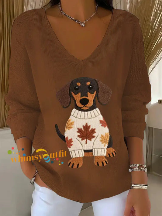 Women’s Autumn Dog Art Print V Neck Ribbed Top Brown / S