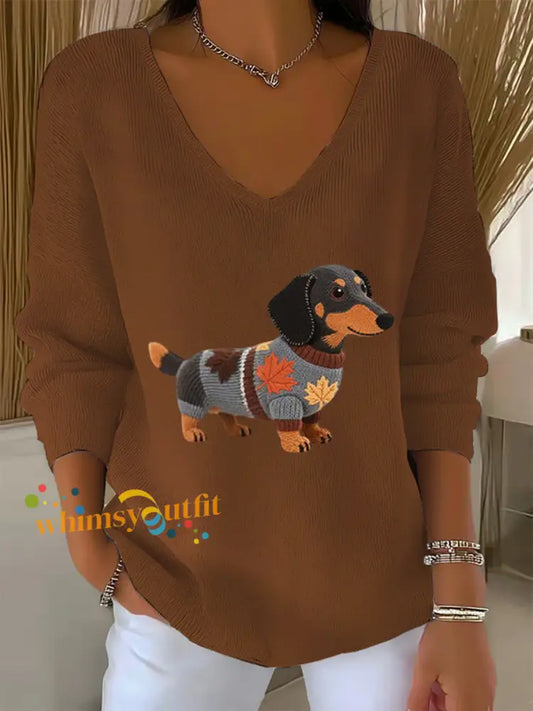 Women’s Autumn Dog Art Print V Neck Ribbed Top Brown / S