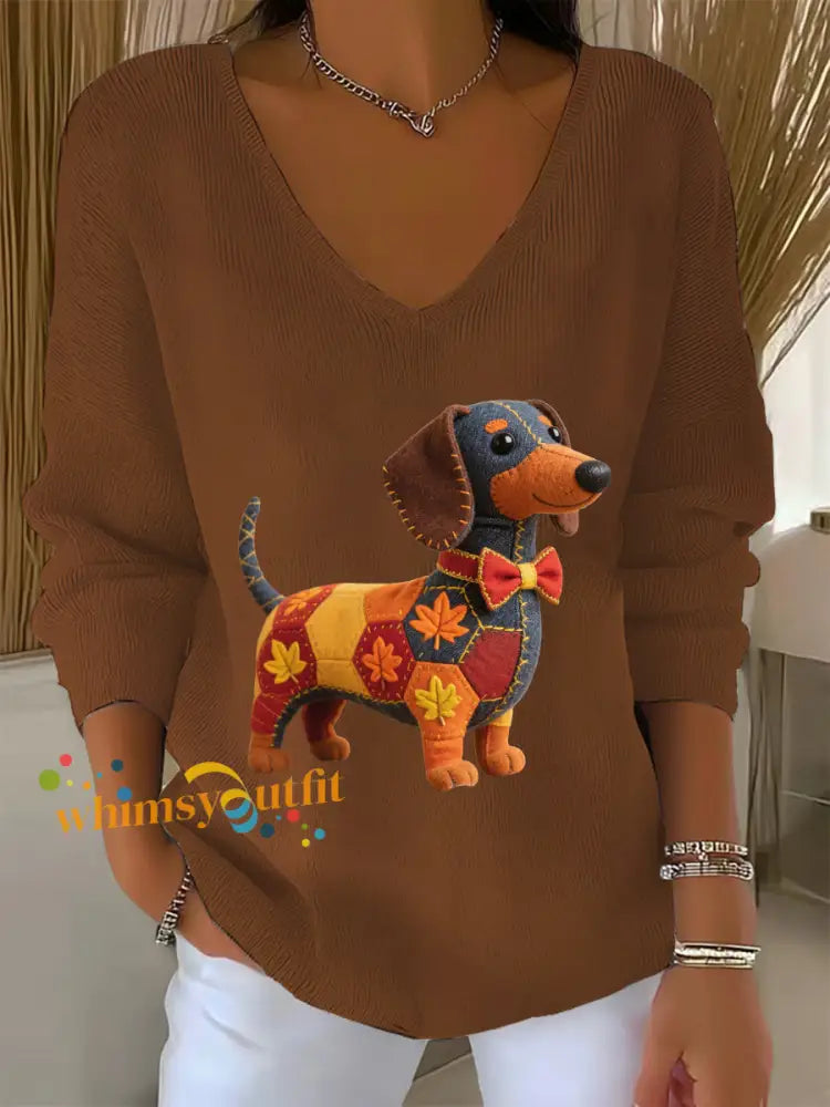 Women’s Autumn Dog Art Print V Neck Ribbed Top Brown / S