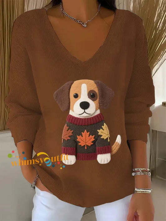 Women’s Autumn Dog Art Print V Neck Ribbed Top Brown / S