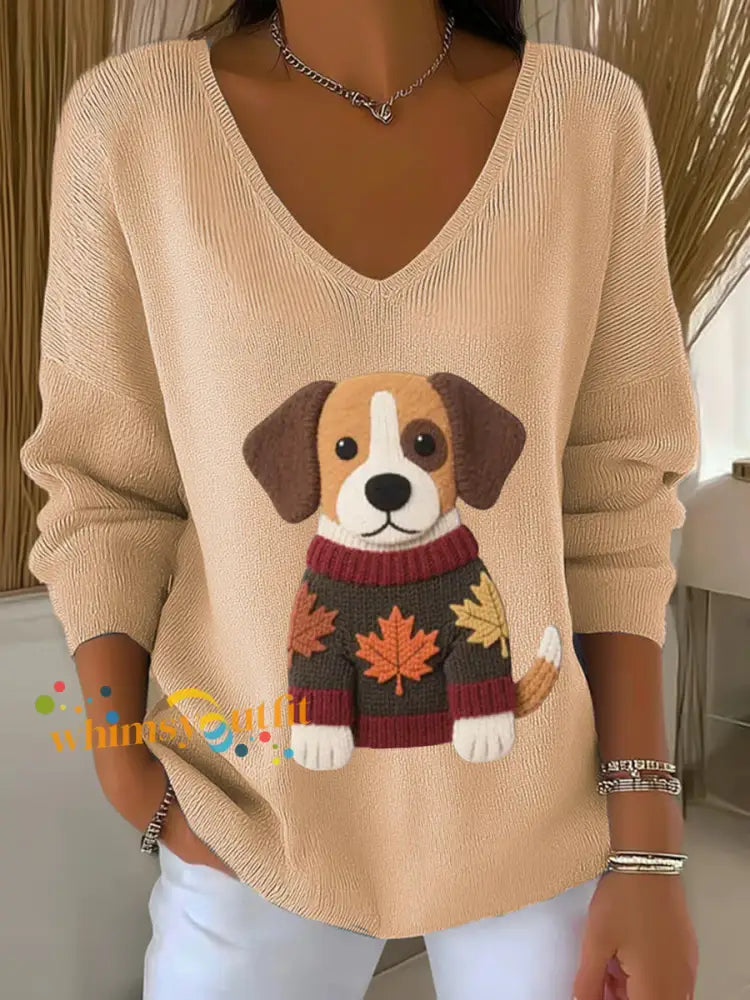 Women’s Autumn Dog Art Print V Neck Ribbed Top Khaki / S