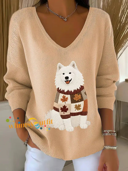 Women’s Autumn Dog Art Print V Neck Ribbed Top Khaki / S
