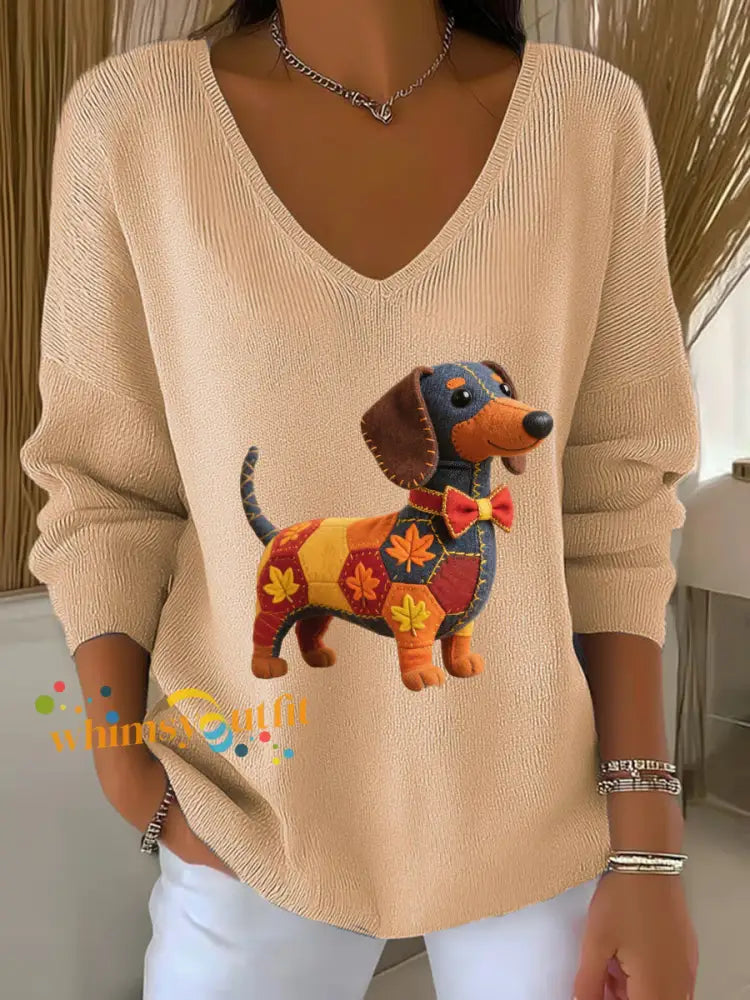 Women’s Autumn Dog Art Print V Neck Ribbed Top Khaki / S