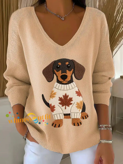 Women’s Autumn Dog Art Print V Neck Ribbed Top Khaki / S