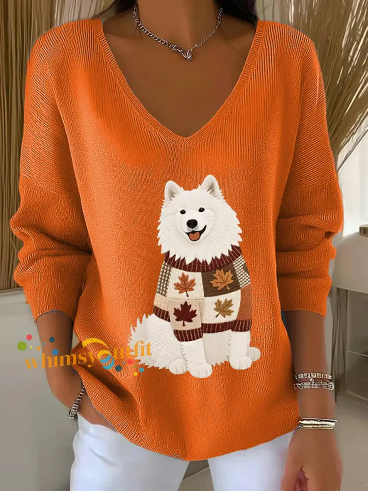 Women’s Autumn Dog Art Print V Neck Ribbed Top Orange / S
