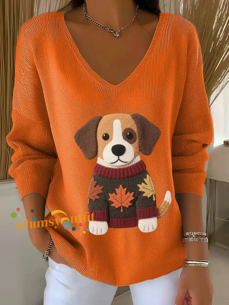 Women’s Autumn Dog Art Print V Neck Ribbed Top Orange / S