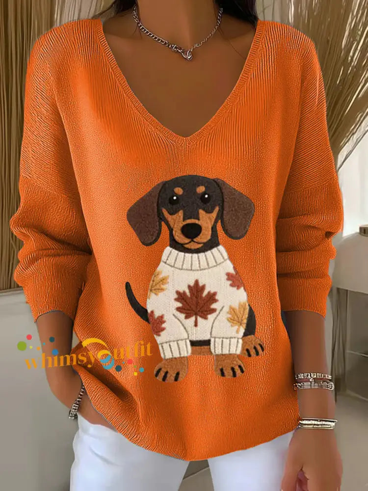 Women’s Autumn Dog Art Print V Neck Ribbed Top Orange / S