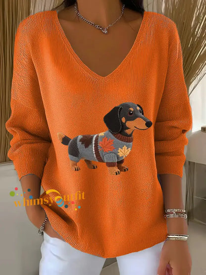 Women’s Autumn Dog Art Print V Neck Ribbed Top Orange / S